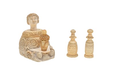 Lot 224 - A NEAR PAIR OF CARVED TURKISH MEERSCHAUM COSMETIC BOTTLES AND A LARGE COSMETIC POWDER CONTAINER