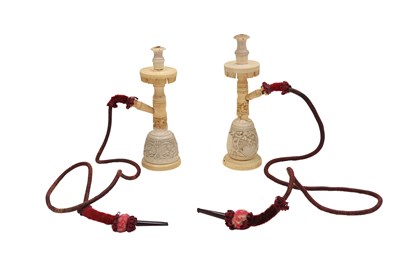 Lot 219 - A NEAR PAIR OF CARVED TURKISH MEERSCHAUM MINIATURE WATERPIPE BASES (NARGILEH OR SHISHA)