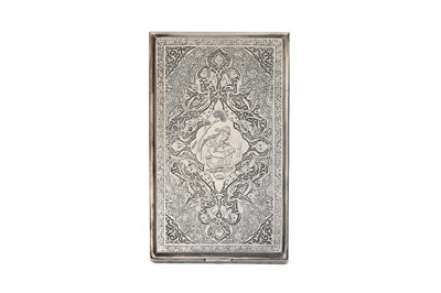 Lot 221 - AN IRANIAN ENGRAVED AND INCISED SILVER CIGARETTE BOX WITH A SUFI DERVISH