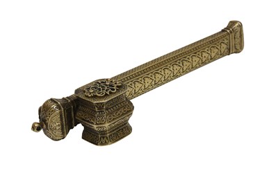 Lot 230 - AN ENGRAVED CAST BRASS DIVIT PEN CASE WITH CHRISTIAN SYMBOLS