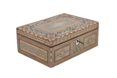 Lot 210 - λ A QAJAR STAINED WOOD AND IVORY MICRO-MOSAIC KHATAMKARI LIDDED BOX WITH NASTA'LIQ CALLIGRAPHY