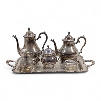 Lot 28 - A SILVER PLATED TEA AND COFFEE SERVICE AND TRAY BY WEBSTER WILCOX