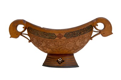 Lot 215 - A CARVED AND PAINTED FRUITWOOD KASHKUL (BEGGAR'S BOWL)