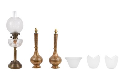 Lot 66 - THREE LAMPS AND THREE FROSTED GLASS DROP LAMPSHADES