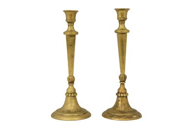 Lot 57 - A PAIR OF BRASS OTTOMAN SULEYMANIYE CANDLESTICKS