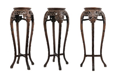 Lot 142 - THREE TALL CHINESE WOOD STANDS WITH MARBLE TOPS