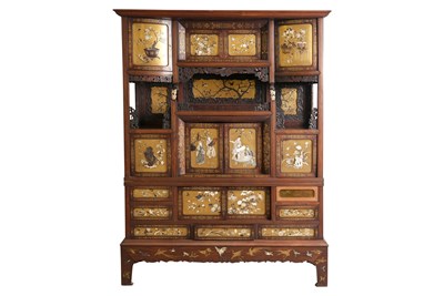 Lot 112 - A LARGE TWO-PART JAPANESE SHIBAYAMA-DECORATED DISPLAY CABINET, SHODANA