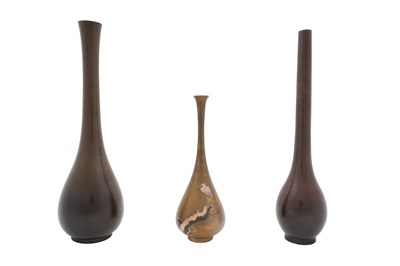 Lot 146 - TWO JAPANESE BRONZE VASES AND A BRASS 'HERON' VASE