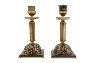 Lot 23 - λ A PAIR OF 19TH CENTURY BOULLE WORK CANDLESTICKS