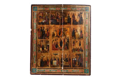Lot 28 - A 19TH CENTURY RUSSIAN ICON DEPICTING THE TWELVE FEASTS OF THE ORTHODOX CHURCH