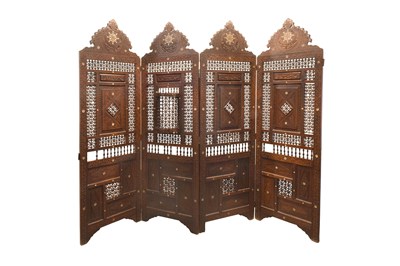Lot 242 - λ A MOTHER-OF-PEARL-INLAID CARVED AND PIERCED HARDWOOD FOLDABLE SCREEN