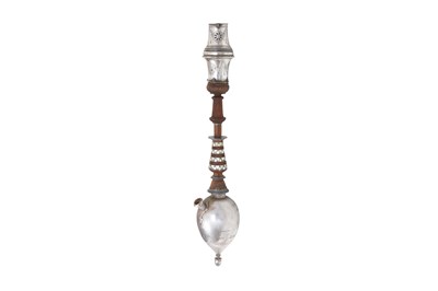 Lot 118 - AN IRANIAN SILVER-PLATED COPPER WATER PIPE (QALYAN) SET WITH ITS WOODEN STEM, SILVER BOWL AND STAND