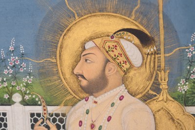 Lot 164 - A LOOSE INDIAN COURTLY ALBUM WITH ENTHRONED PORTRAITS OF MUGHAL EMPERORS AND THEIR ANCESTORS