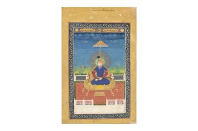 Lot 164 - A LOOSE INDIAN COURTLY ALBUM WITH ENTHRONED PORTRAITS OF MUGHAL EMPERORS AND THEIR ANCESTORS