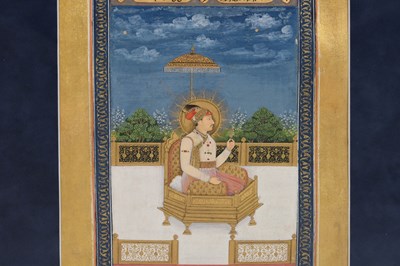 Lot 164 - A LOOSE INDIAN COURTLY ALBUM WITH ENTHRONED PORTRAITS OF MUGHAL EMPERORS AND THEIR ANCESTORS