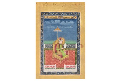 Lot 164 - A LOOSE INDIAN COURTLY ALBUM WITH ENTHRONED PORTRAITS OF MUGHAL EMPERORS AND THEIR ANCESTORS