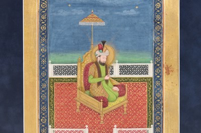 Lot 164 - A LOOSE INDIAN COURTLY ALBUM WITH ENTHRONED PORTRAITS OF MUGHAL EMPERORS AND THEIR ANCESTORS