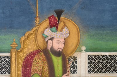 Lot 164 - A LOOSE INDIAN COURTLY ALBUM WITH ENTHRONED PORTRAITS OF MUGHAL EMPERORS AND THEIR ANCESTORS