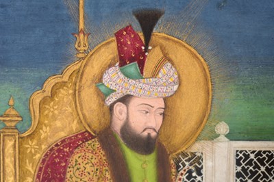 Lot 164 - A LOOSE INDIAN COURTLY ALBUM WITH ENTHRONED PORTRAITS OF MUGHAL EMPERORS AND THEIR ANCESTORS