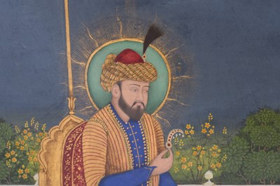 Lot 164 - A LOOSE INDIAN COURTLY ALBUM WITH ENTHRONED PORTRAITS OF MUGHAL EMPERORS AND THEIR ANCESTORS