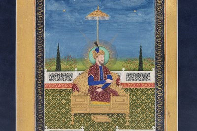 Lot 164 - A LOOSE INDIAN COURTLY ALBUM WITH ENTHRONED PORTRAITS OF MUGHAL EMPERORS AND THEIR ANCESTORS