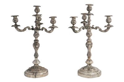 Lot 24 - AN IMPRESSIVE PAIR OF 19TH CENTURY RUSSIAN SILVER THREE BRANCH CANDELABRA