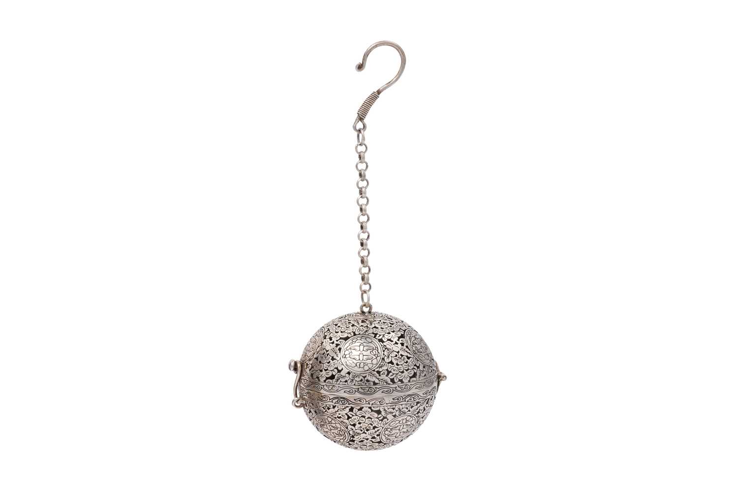Lot 44 - A SMALL CHINESE WHITE METAL GLOBULAR INCENSE BURNER