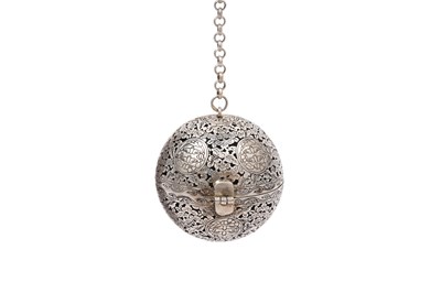 Lot 44 - A SMALL CHINESE WHITE METAL GLOBULAR INCENSE BURNER