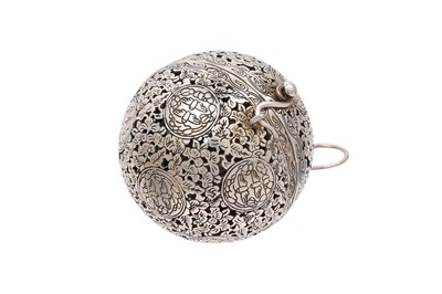 Lot 44 - A SMALL CHINESE WHITE METAL GLOBULAR INCENSE BURNER