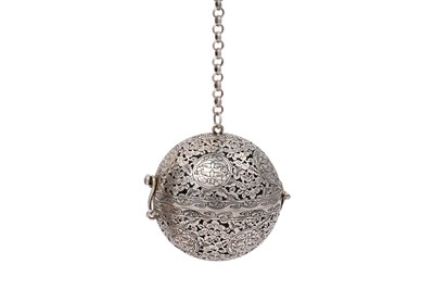 Lot 44 - A SMALL CHINESE WHITE METAL GLOBULAR INCENSE BURNER