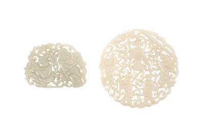 Lot 4 - TWO CHINESE PALE CELADON JADE RETICULATED 'BOYS' PLAQUES