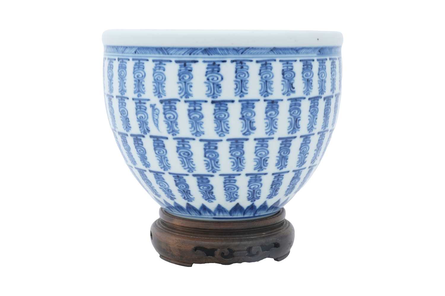 Lot 64 - A CHINESE BLUE AND WHITE 'SHOU' FISH BOWL