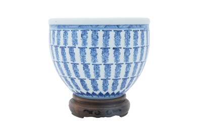 Lot 64 - A CHINESE BLUE AND WHITE 'SHOU' FISH BOWL