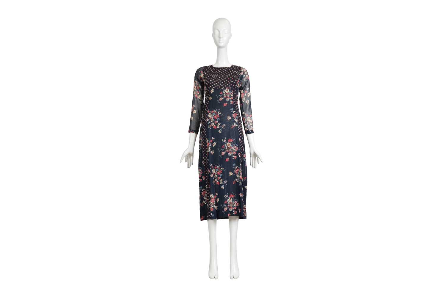 Lot 93 - A RARE ORIGINAL VINTAGE THEA PORTER NAVY BLUE FLORAL TUNIC DRESS