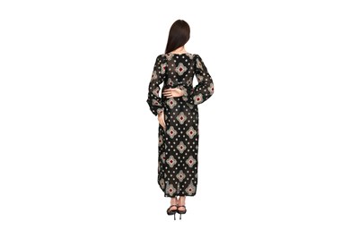 Lot 94 - A RARE VINTAGE THEA PORTER NAVY BLUE PATTERNED FOLKLORIC DRESS