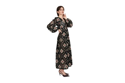 Lot 94 - A RARE VINTAGE THEA PORTER NAVY BLUE PATTERNED FOLKLORIC DRESS