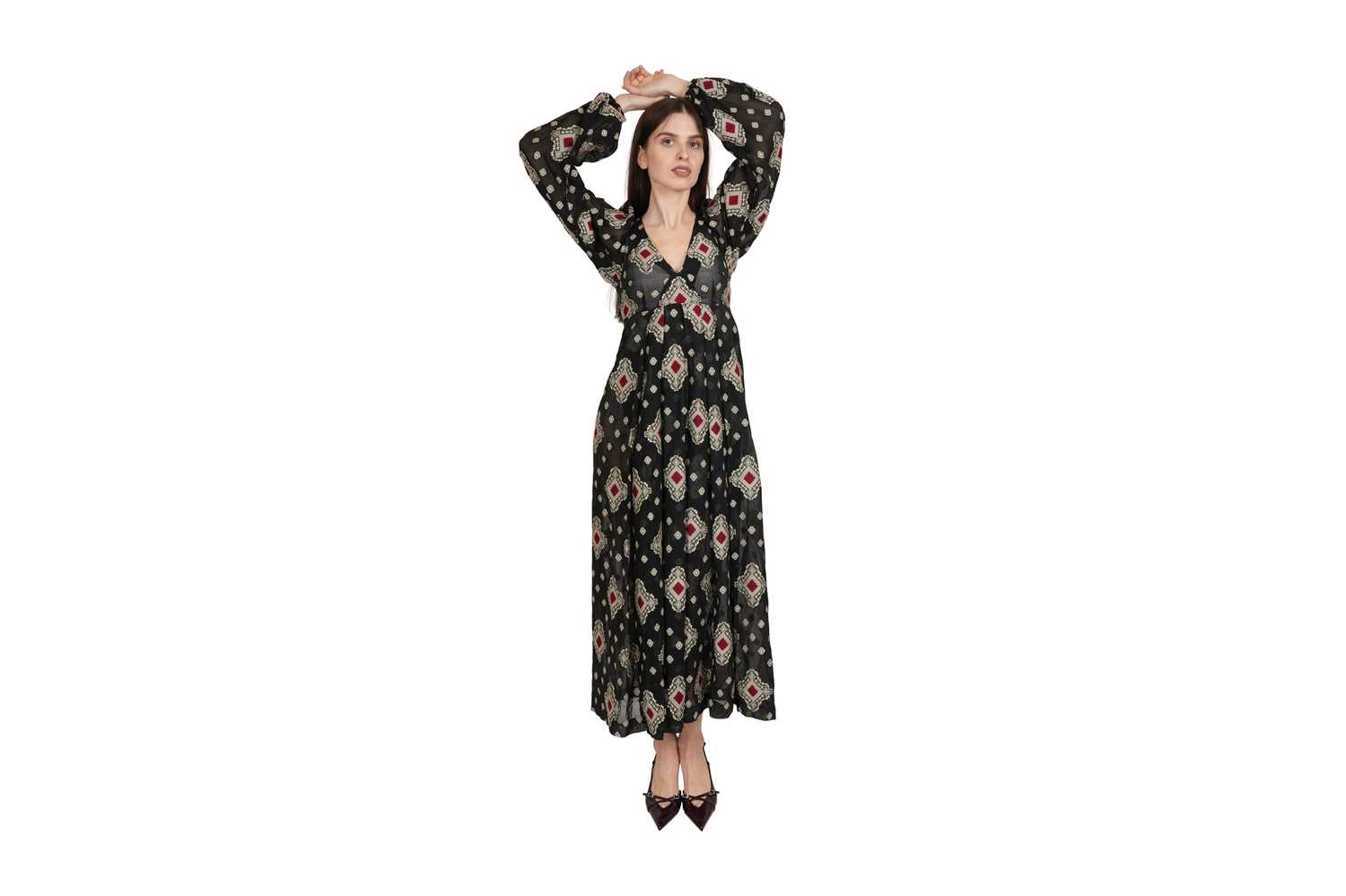 Lot 94 - A RARE VINTAGE THEA PORTER NAVY BLUE PATTERNED FOLKLORIC DRESS