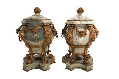 Lot 80 - A PAIR OF 19TH CENTURY FRENCH GREEN VEINED MARBLE AND ORMOLU MOUNTED LIDDED VASES