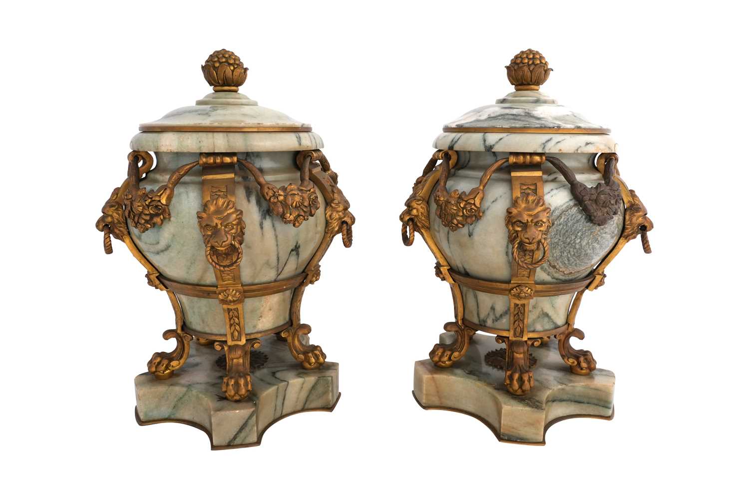Lot 80 - A PAIR OF 19TH CENTURY FRENCH GREEN VEINED MARBLE AND ORMOLU MOUNTED LIDDED VASES