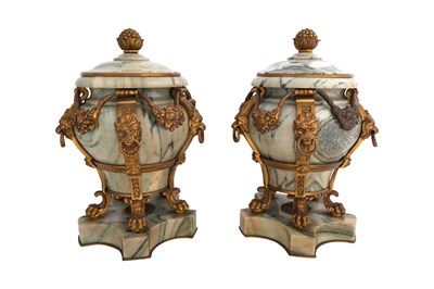 Lot 80 - A PAIR OF 19TH CENTURY FRENCH GREEN VEINED MARBLE AND ORMOLU MOUNTED LIDDED VASES