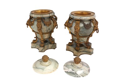 Lot 80 - A PAIR OF 19TH CENTURY FRENCH GREEN VEINED MARBLE AND ORMOLU MOUNTED LIDDED VASES