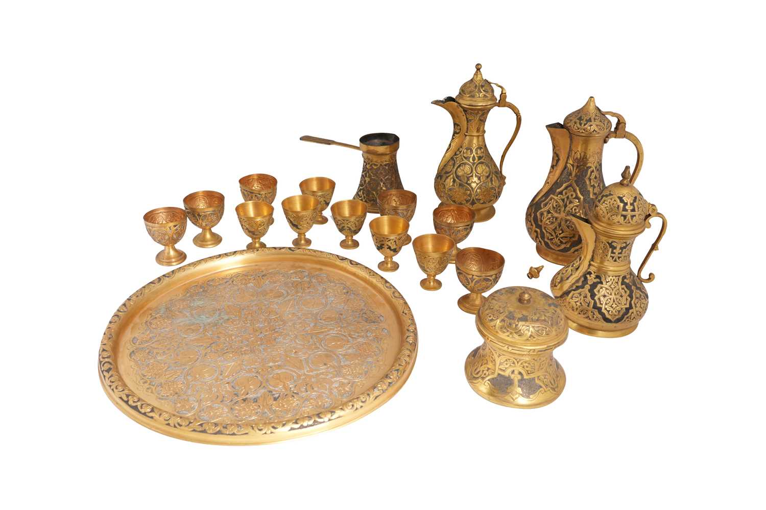 Lot 53 - A GILT COPPER TEAPOT AND COFFEE SET IN THE OTTOMAN TASTE