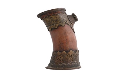 Lot 90 - A YAK HORN-SHAPED COPPER AND BRASS HUQQA BASE
