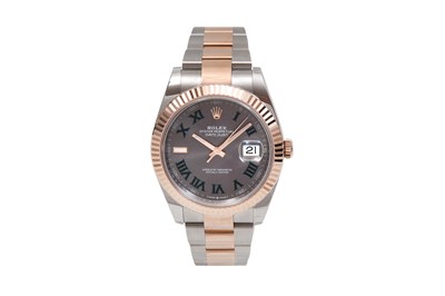 A MEN'S ROLEX STAINLESS STEEL AND 18K ROSE GOLD AUTOMATIC BRACELET WATCH WITH A WIMBLEDON DIAL.