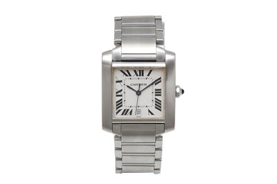 A UNISEX CARTIER AUTOMATIC STAINLESS STEEL BRACELET WATCH.