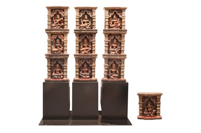 Lot 63 - THREE LARGE POLYCHROME-PAINTED CARVED WOODEN PANELS WITH NINE HINDU GODDESSES AND GANESHA
