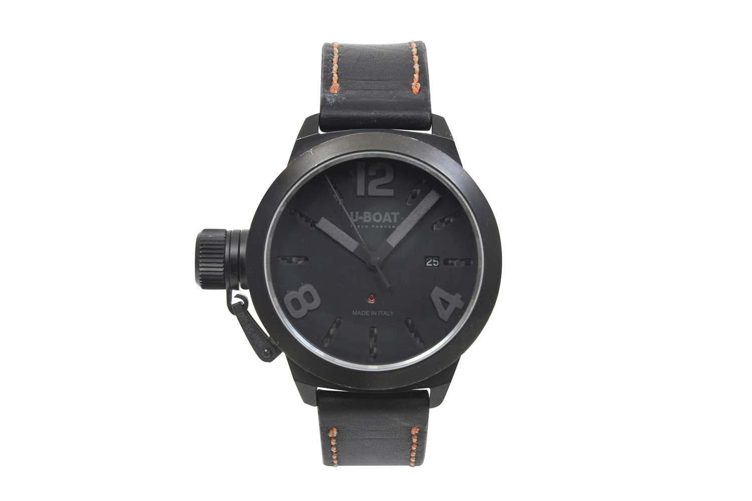 Lot 62 - A MEN’S ITALIAN U-BOAT STAINLESS STEEL WITH BLACK PVD AUTOMATIC WRISTWATCH.