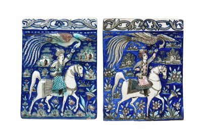 Lot 207 - A NEAR PAIR OF POLYCHROME-PAINTED MOULDED QAJAR POTTERY TILES WITH RIDERS