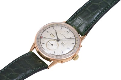 Lot 43 - AN ELEGANT VINTAGE MOVADO MEN’S 18K ROSE GOLD MANUAL WRISTWATCH.