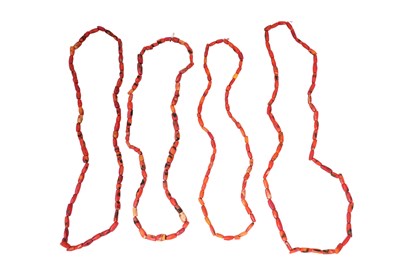 Lot 3 - FOUR ROWS OF BARREL FORM CORAL BEAD NECKLACES